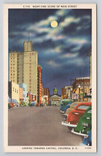 Night-time Scene of Main Street Columbia SC Linen Postcard No 4287 picture