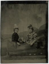 Women in Fashion Hats Rowing Studio Boat , Vintage Tintype Photo picture
