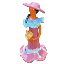 Haiti Folk Art Terracotta Clay Woman Sculpture Handmade Pink Hat Hand Painted picture