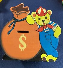 Orange Moneybag Bear Overalls Piggy Bank Vintage Wood Coin Bank picture