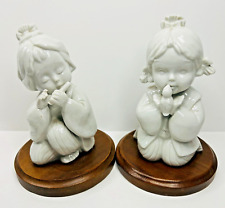Vintage Set of (2) Two Enesco Japanese Porcelain Girls Flute & Bird On Wood Base picture