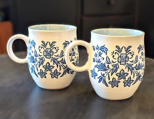 Fringe Studio Blue & White Ceramic Floral Coffee Tea Mugs 16oz picture