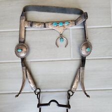 Vintage Sterling Silver Turquoise Concho Horse Tack with Bit Leather Headstall picture
