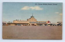 Chicago Midway Airport Postcard Terminal Airplanes Chicago Illinois VTG IL Linen picture