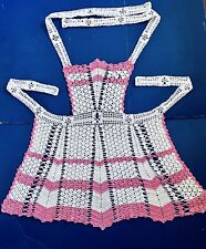 Vintage 1940's Hand Crochet Bib Apron Hostess Pink And White Pico Edging Cotton picture