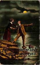I'm Fishing For The Love Lights Your Eyes Romance Full Moon VTG Postcard 1900s picture