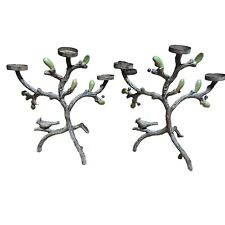 Bird Branch Candle Holder Set of Two Cast Wrought Iron Metal Vintage Aged 12” picture