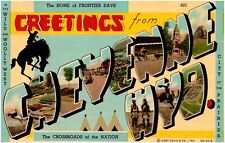 Greetings from Cheyenne Wyoming WY Large Letter Cowboy 1950s Chrome Postcard picture
