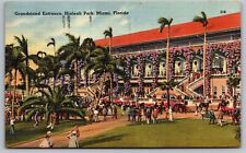 Grandstand Entrance Hialeah Park Miami Florida Palms Horses Linen VNG Postcard picture