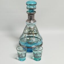 MCM Silver Gilded Venice Scenes on Aqua Blue Glass Decanter w/ 2 Glasses picture