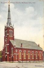 Michigan City IN~St John's Lutheran Church Steeple~Trolley Tracks~Pristine c1910 picture