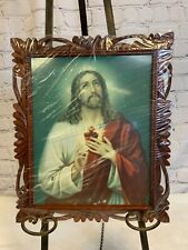 Vintage Wood Craved Catholic God Jesus Christ Heart Wall Framed Religious Print picture