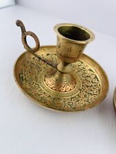 Pair of Brass Chamberstick Candle Holders with Finger Loop Made In India picture