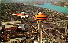 C.1960s Seattle WA Space Needle Aerial View Helicopter Washington Postcard A313 picture