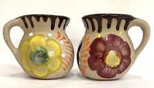 Mexican Clay Coffee Mugs Floral Jarrito De Barro Pottery Folk Art Cups Set of 2 picture