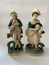Borghese Chalk Ware Figures - Man with Dog & Woman with Lamb Antique Set Of 2 picture