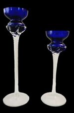 Hand Blown Romanian Cobalt Blue Candlestick Holders Clear Twisted Stem 2Pc Lot picture