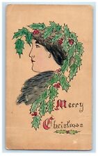 c1905 Merry Christmas Girl Holly Berries Hand Printed Art Antique Postcard picture
