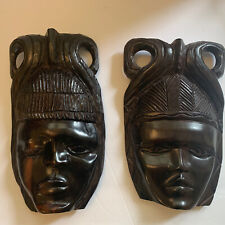 2 Vintage African Tribal Ebony Wood Hand Carved Masks 1950s picture