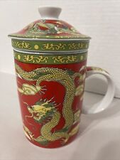 Chinese Dragon Phoenix Tea Mug Cup Infuser W/ Lid 3-Piece Ceramic Red Green picture