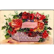 Vintage Postcard Birthday Greetings Red Gold Roses in Basket Unposted Embossed picture