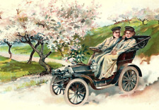 c1910 ROMANTIC COUPLE RIDING IN OPEN ROADSTER AUTOMOBILE EMBOSSED POSTCARD P475 picture