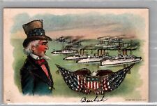 Uncle Sam Battleship Fleet 1908 Postcard Embossed Patriotic JC4 picture