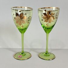 2 VTG Romanian Green Blown Glass 6.5” Gold Floral Decorated Trim Wine Glasses picture