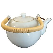 Vintage Ceramic Tea Pot w Rattan Look Handle Ivory Round 6