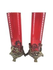 Pair Vintage Dancing Cherubs With Red Glass Candle Holders Lamps 10