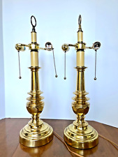 Pair Vintage MCM Two Bulb Brass Column Table Lamps Hollywood Regency  Set Of 2 picture