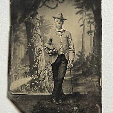 Antique Tintype Photograph Dapper Cowboy Hat Young Man Cane Book picture