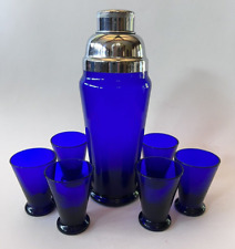 Art Deco MCM Deep Cobalt Blue Glass Chrome Cocktail Shaker 6 Glasses Paden City picture