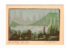 NEW YORK BROOKLYN BRIDGE LEON DOLICE LINOLEUM ORIGINAL 30s ARTIST SIGNATURE picture