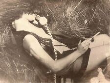 1980s Young Pretty Woman Lying in Grass with Retro Phone Portrait Vintage Photo picture