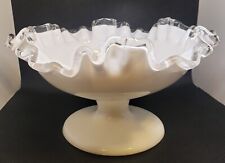 Vintage 1950s Fenton White Milk Glass Silver Crest Ruffled Pedestal Compote Bowl picture