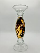 Amber Hand Blown Art Glass Leopard Print 12” Pillar Candle Holder Abstract Art picture