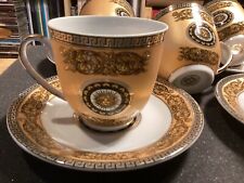 Gold Medusa, Greek Key Neoclassical set 4 Cup/saucer + Extra Cup, Versace Style picture