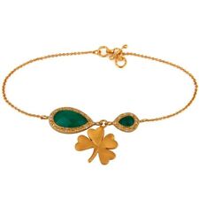 18K Gold Plated Green Onyx & White Topaz Flower Charm Bracelets In 8 inch Chain picture