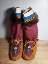 Vintage Handmade Wool Leather Beaded Fringed Moccasins Boots picture
