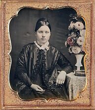 Pretty Young Lady Next To Large Bouquet of Flowers 1/6 Plate Daguerreotype T487 picture