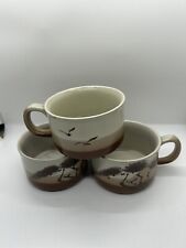 3 Vintage Otagari Style Stripe Earth Tone Stoneware Soup/Chilli Mugs picture
