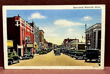 postcard ~ WATERVILLE MAINE ~ MAIN STREET ~ 1940's ~small town street scene picture