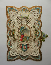 Antique Victorian Paper Lace Valentine Card With Love Forget Me Not, Gold Border picture