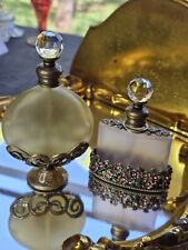 2 Vintage Frosted Glass Perfume Bottles BEJEWELED UNUSED STUNNING WITH DOBBERS picture