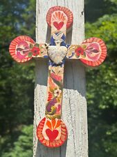 Painted Wood Cross 3D Mexico Handmade Milagro 9x6 Perpetuo Socorro Heart A50 picture