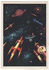 1964 Rocket in SPACE Spacecrafts Moon red Cosmos propaganda Russian Postcard old picture