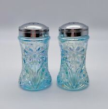 Salt & Pepper Shakers Lenox Imperial Glass Iridescent Ice Blue Cottage Core Vtg picture