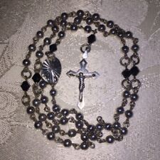 Vintage Estate Sterling Silver & Black Faceted Beaded Catholic Rosary 24g Rare picture