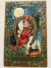 Halloween Postcard Holiday 1910 Witch Horseshoe Cauldron Cat Embossed Germany picture